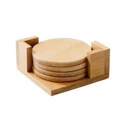 Bamboo Wood Coaster Set - 4" Round Coasters with Stand