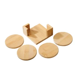 Bamboo Wood Coaster Set - 4" Round Coasters with Stand