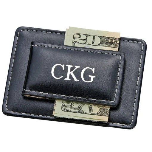 Black Leather Money Clip & Card Holder
