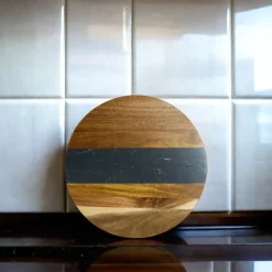 Black Marble Stripe and Acacia Wood Round Board - 11"