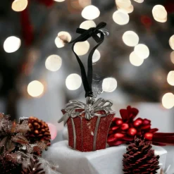 3D Red Gift Box Ornament with Engraving Tag