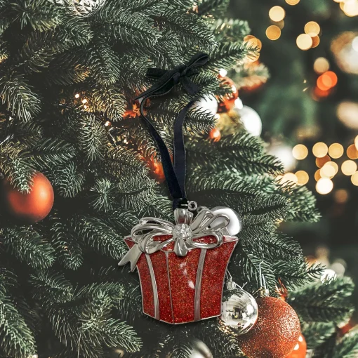 3D Red Gift Box Ornament with Engraving Tag