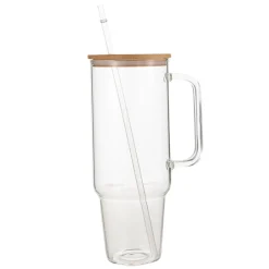 Glass 40 oz. Tumbler with Bamboo Lid, Handle & Straw - Clear