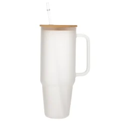 Glass 40 oz. Tumbler with Bamboo Lid, Handle & Straw - Frosted