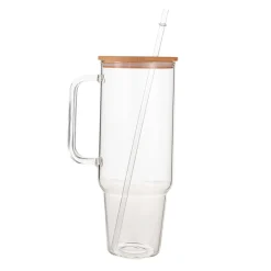 Glass 40 oz. Tumbler with Bamboo Lid, Handle & Straw - Clear