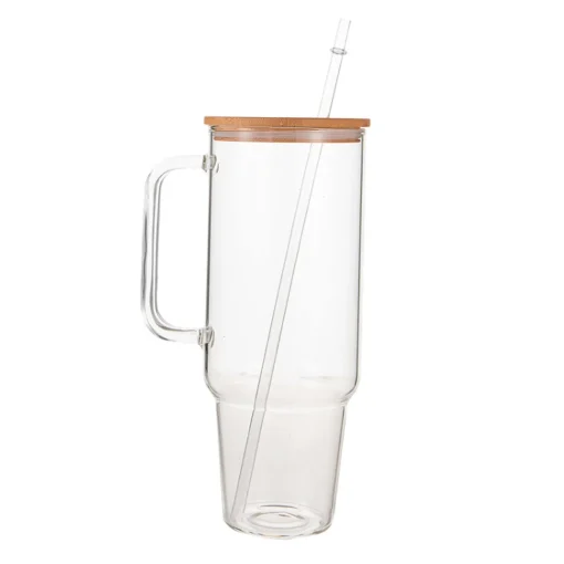 Glass 40 oz. Tumbler with Bamboo Lid, Handle & Straw - Clear