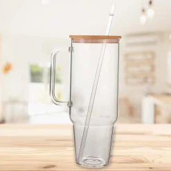 Glass 40 oz. Tumbler with Bamboo Lid, Handle & Straw - Clear