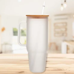 Glass 40 oz. Tumbler with Bamboo Lid, Handle & Straw - Frosted