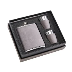 Grey Leatherette Flask & Stainless Steel Shot Glass Set