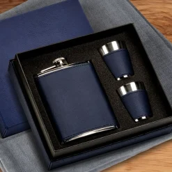 Navy Leatherette Flask & Stainless Steel Shot Glass Set
