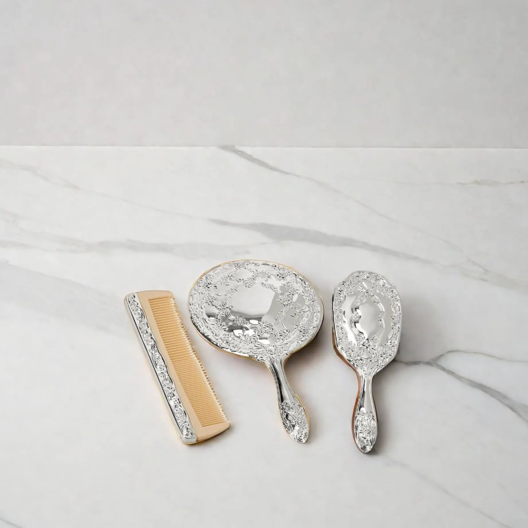 Ornate Vanity Set with Comb, Brush & Mirror