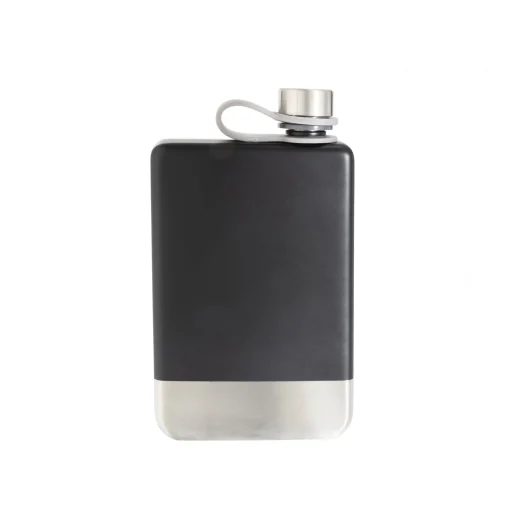 8 oz Black Stainless Steel Flask with Silver Bottom