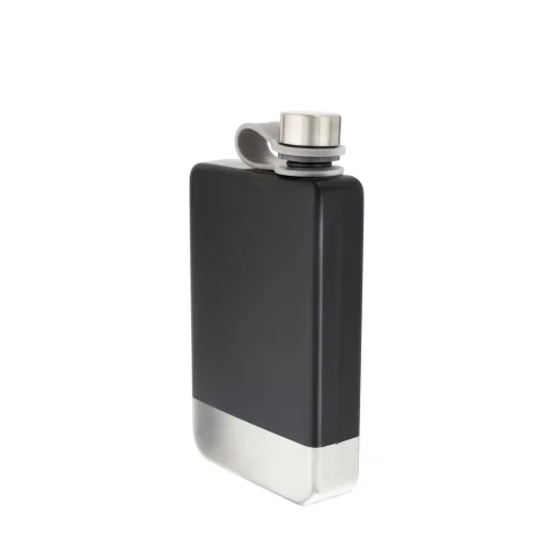 8 oz Black Stainless Steel Flask with Silver Bottom