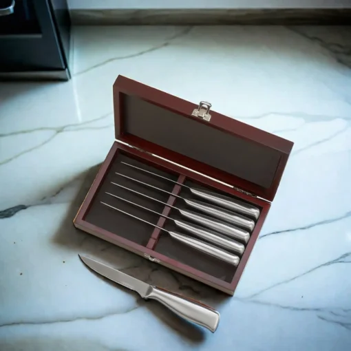 6 Piece Steak Knife Set with Hinged Rosewood Case