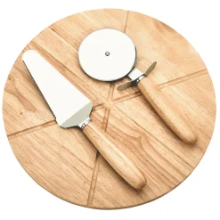 14" Wooden Pizza Board with Precision Cutting Wheel & Server