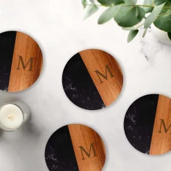 Set Of 4 Black Marble and Acacia Wood 4" Round Coasters