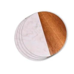 Set Of 4 White Marble and Acacia Wood 4" Round Coasters