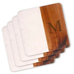 Set Of 4 White Marble and Acacia Wood 4" Square Coasters