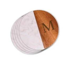 Set Of 4 White Marble and Acacia Wood 4" Round Coasters