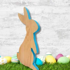 Standing Wood Bunny Board with Blue Milk Paint Outline