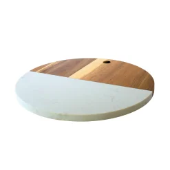 White Marble and Acacia Wood Round Board - 12"