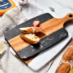 White Marble and Acacia Wood Center Handled Board