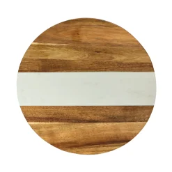 White Marble Stripe and Acacia Wood Round Board - 11"