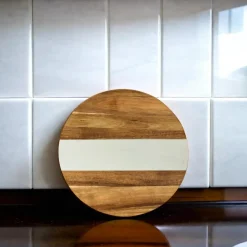 White Marble Stripe and Acacia Wood Round Board - 11"