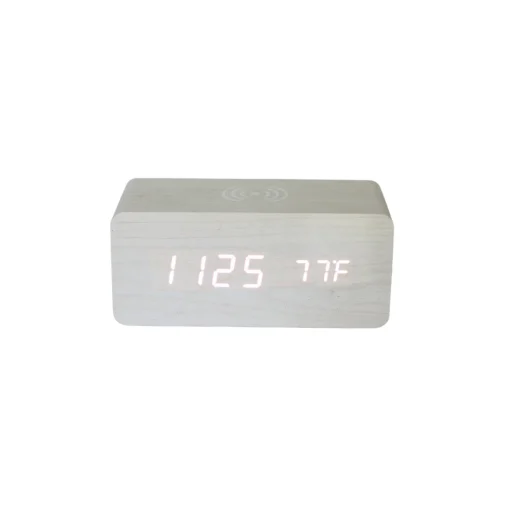White Wood Wireless Phone Charger/Digital Clock