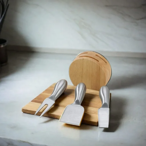 Wood Block with 3 Stainless Steel Cheese Utensils