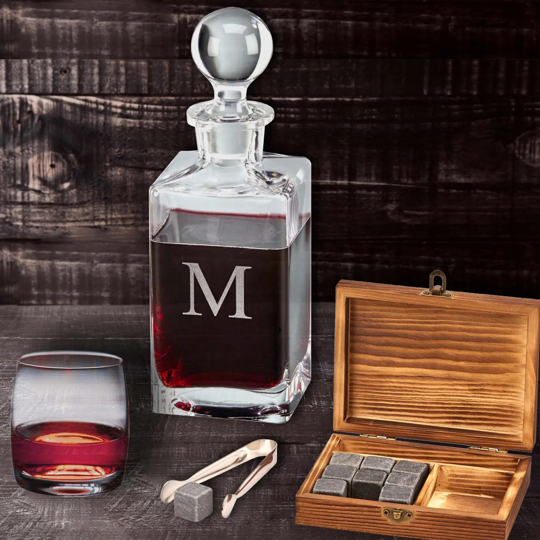 Wood Box Whiskey Stone Set